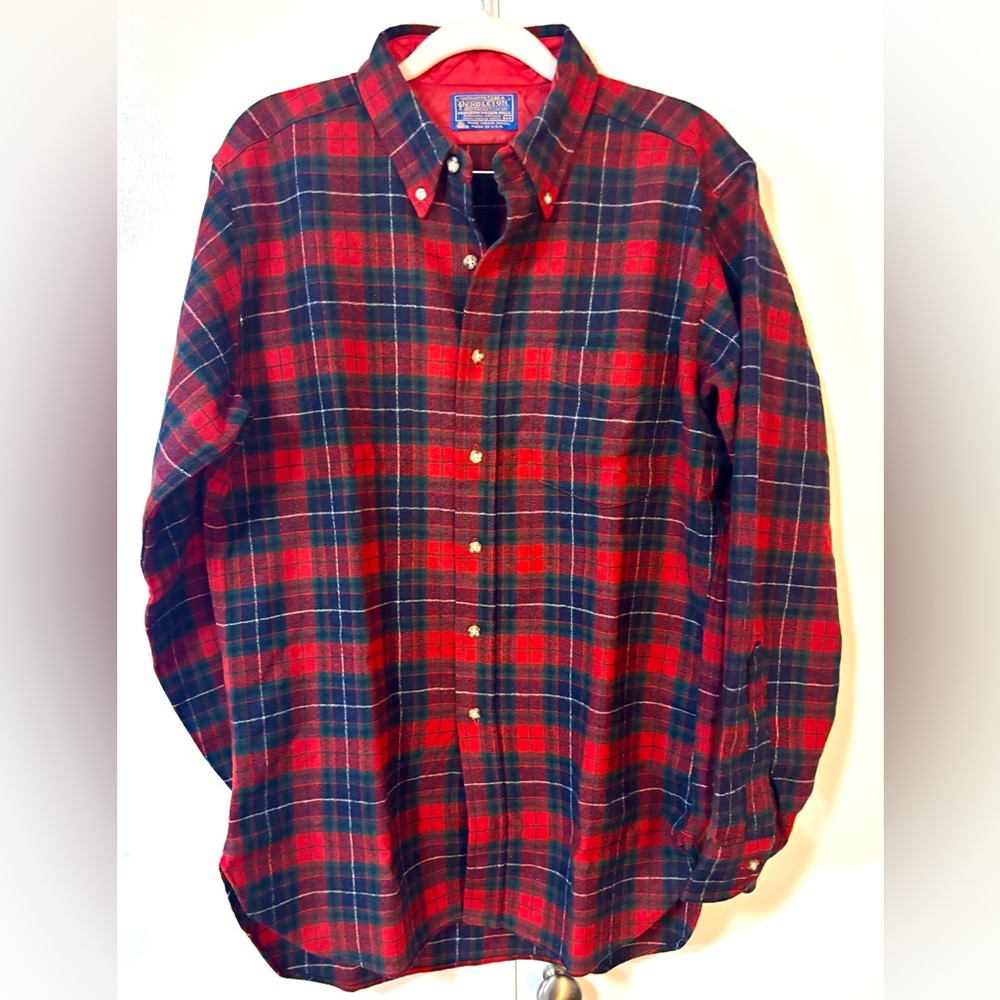 Vtg 80s Pendleton 100% Virgin Wool Plaid Shirt Mens M EUC Red Green Tartan